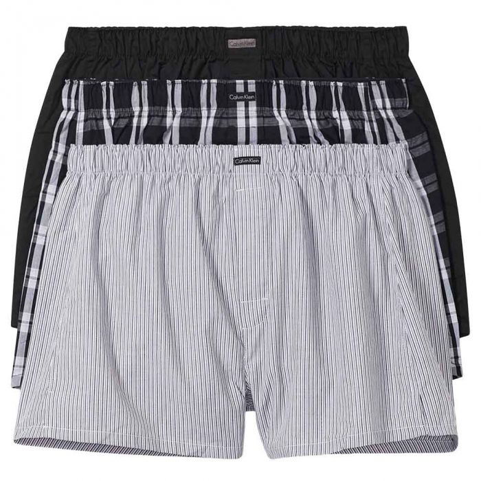 Calvin Klein Cotton Classics 3 Pack Woven Boxers NB4006 Black/Black  Plaid/Black Stripe Mens Underwear