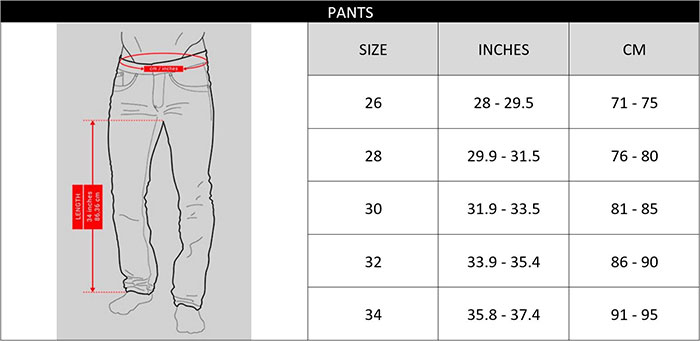 Addicted Size Chart Pants