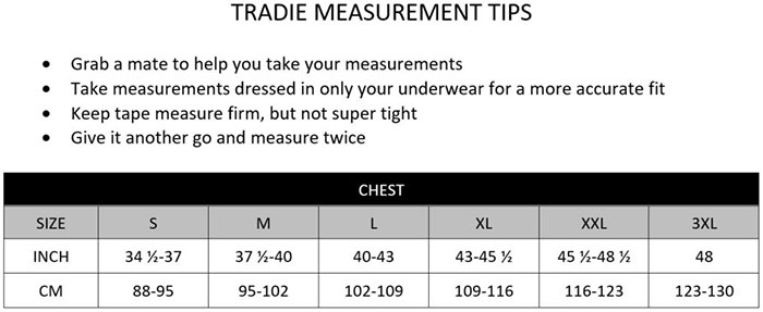 Tradie shirt sizechart