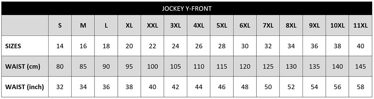 Jockey Y-Fronts size chart